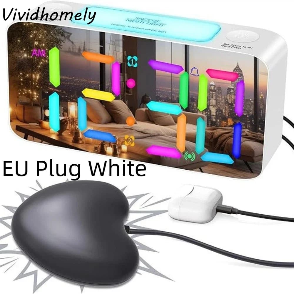 Heart Shape Vibrating Mirror Blind Alarm Clock 3 Levels Brightness Extra Large Display Electronic Bedside Clock 12/24H Display