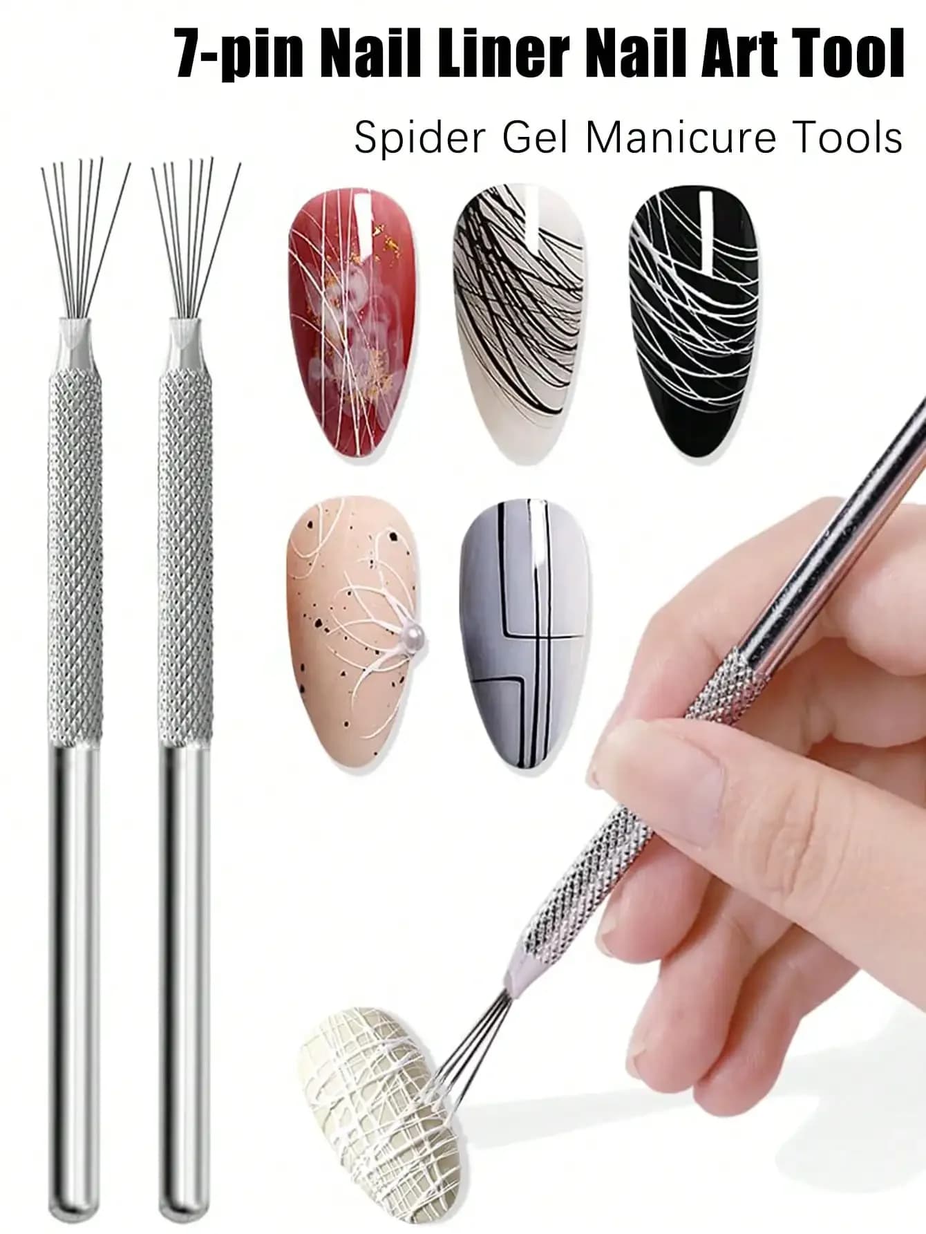 7pcs Nail Art Liner Brush Set, Nail Art Tools, Striping Nail Art Painting Pen, Stainless Steel Handle, Bendable Needle Tip, Ultra-Fine Line Nail Art Brush, Spider Gel Nail Art Tool, Nail Art Liner Drawing Tool, Nail Art Supplies, Nail Art Tools, Nail Art