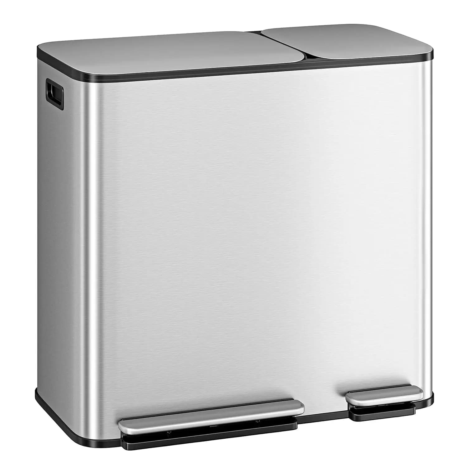 13.2 + 5.2 Gal Dual Kitchen Trash Can, Stainless Steel Step-On Garbage Can with Soft Close Lid, Large Double Recycling Bin with 2 Removable Inner Buckets, Silver
