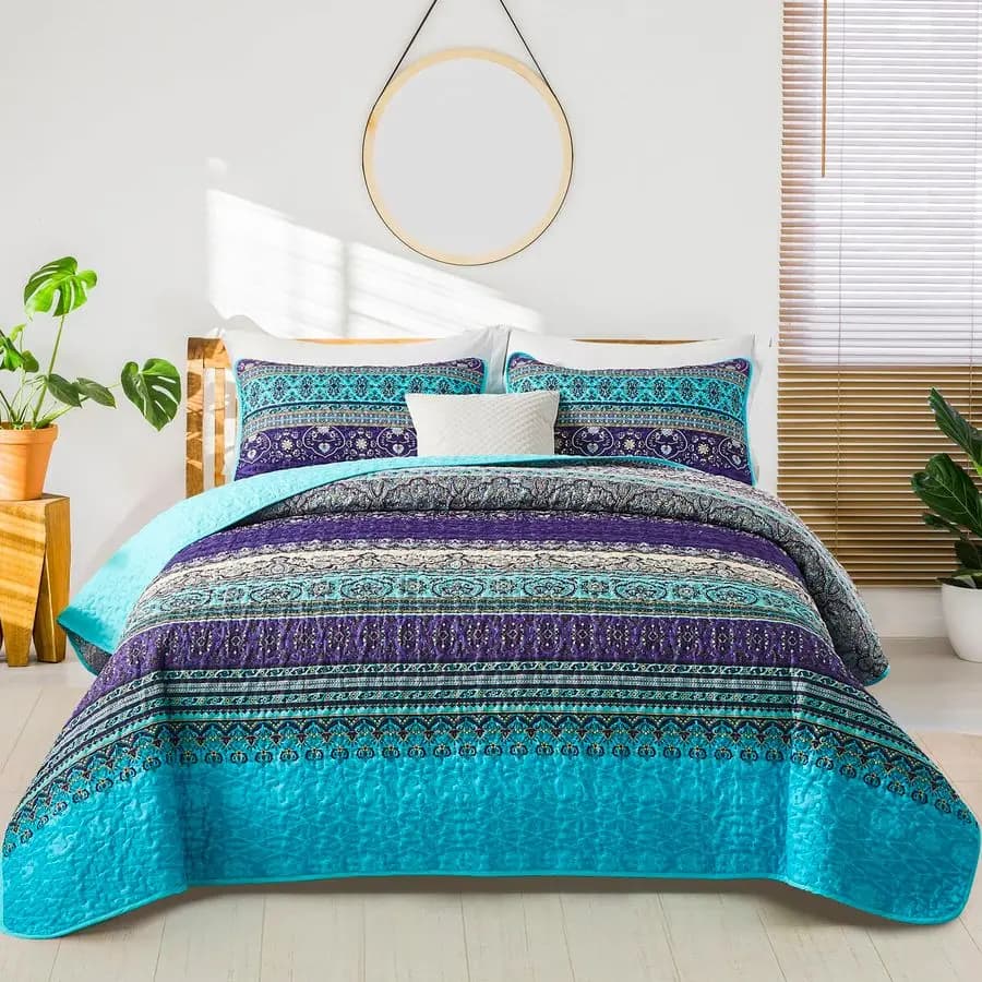 Set Boho Queen, Set Bohemien Blue and Purple, Light Microfiber Cover for All Seasons 96