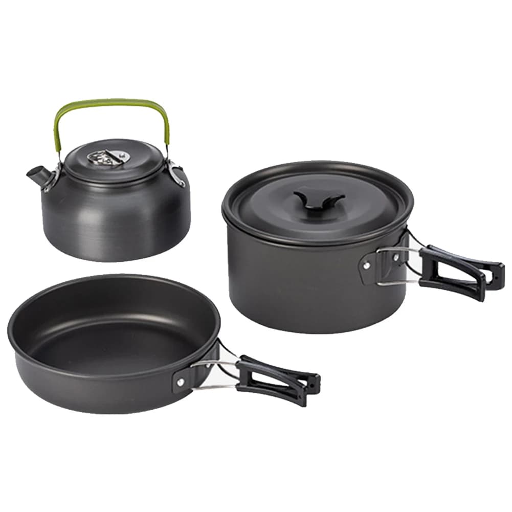 Set di pentole da campeggio all'aperto da 3 pezzi Set di pentole per padelle Set di fornelli portatili con borsa a rete per campeggio Zaino in spalla Cucina all'aperto Picnic