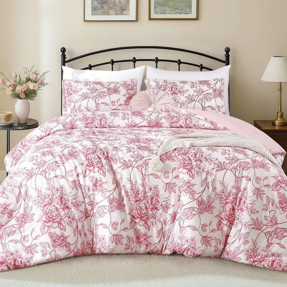 Set Queen Size Pink Cover with Floral Pattern Peony, Set Bed Linen 3 Lightweight, Hot & Breathable, 1 Cover (90)