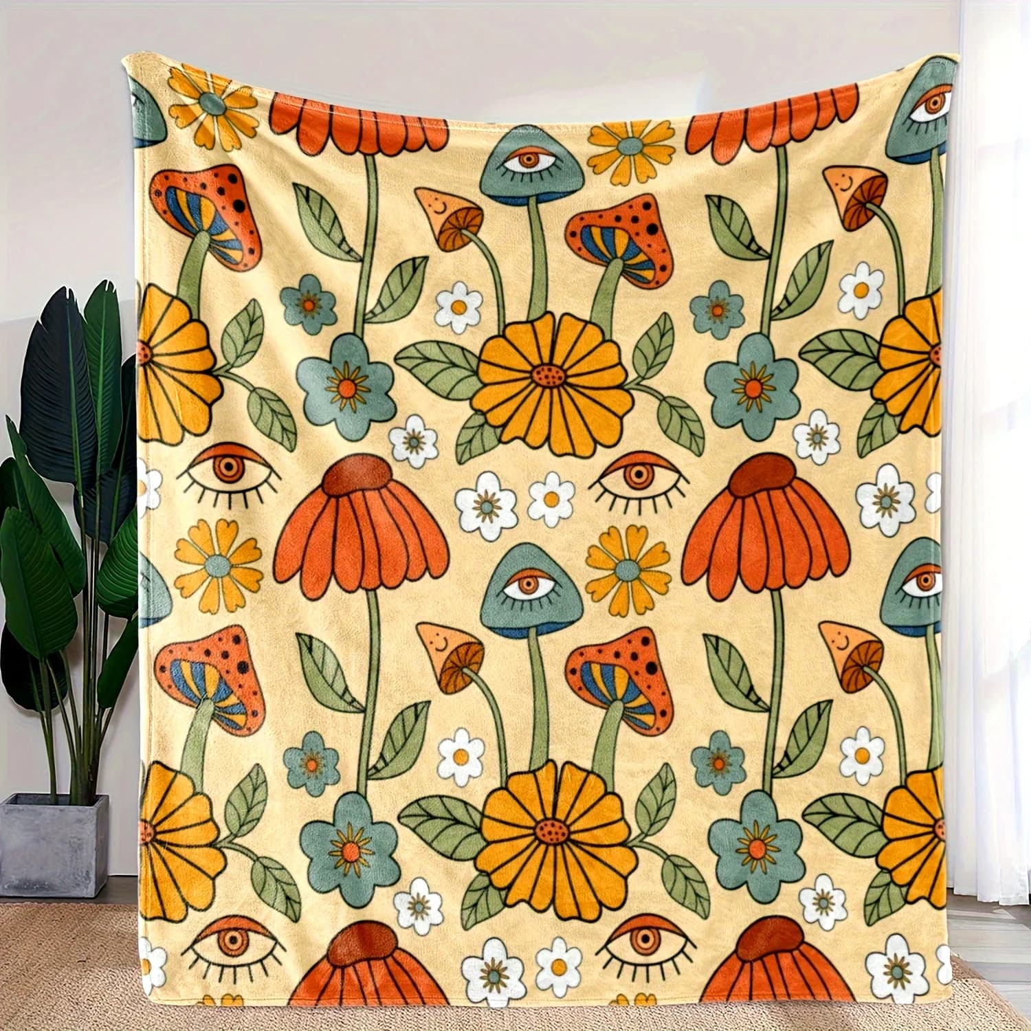 Coperta in flanella floreale con funghi dei cartoni animati - Morbido e caldo per divano, divano, letto da ufficio, campeggio, viaggio, regalo multiuso