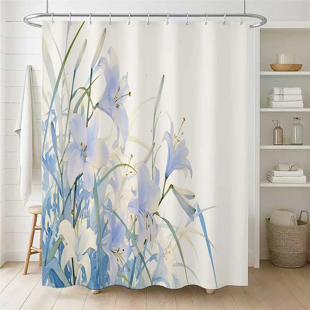 Tenda da doccia con illustrazione di giglio blu ad acquerello, 1 pezzo con 12 ganci per bagno, decorazioni per la casa, poliestere, 70,8x70,8 pollici