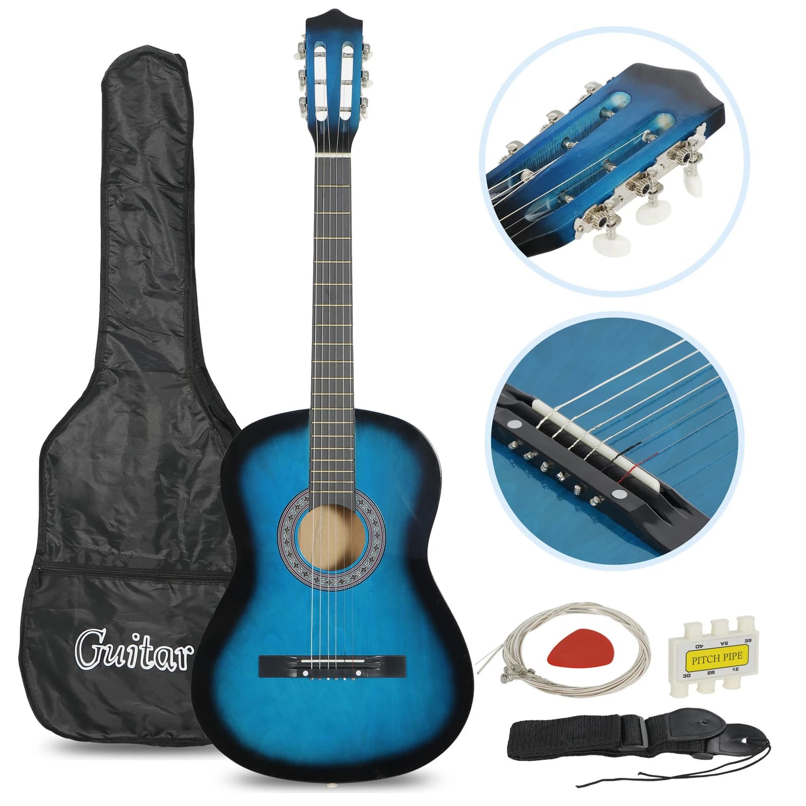 Chitarra Acustica per Principianti con Custodia, Tracolla, Accordatore e Plettri, Corde in Acciaio, Blu