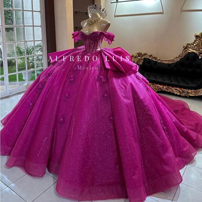 Rose Red Shiny Off The Shoulder Crystal Beading Ball Gown abiti Quinceanera Appliques perline di pizzo fiocco Tull nastri corsetto veste