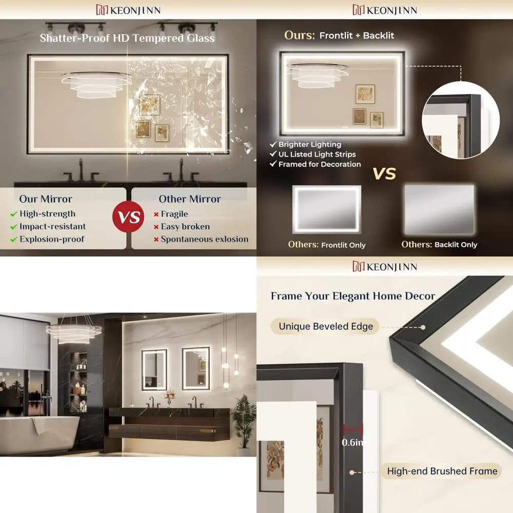 Specchio da Bagno Nero Illuminato a LED da 30 Pollici con Vetro Temperato, Bordi Smussati, 3 Opzioni di Colore, Dimmerabile