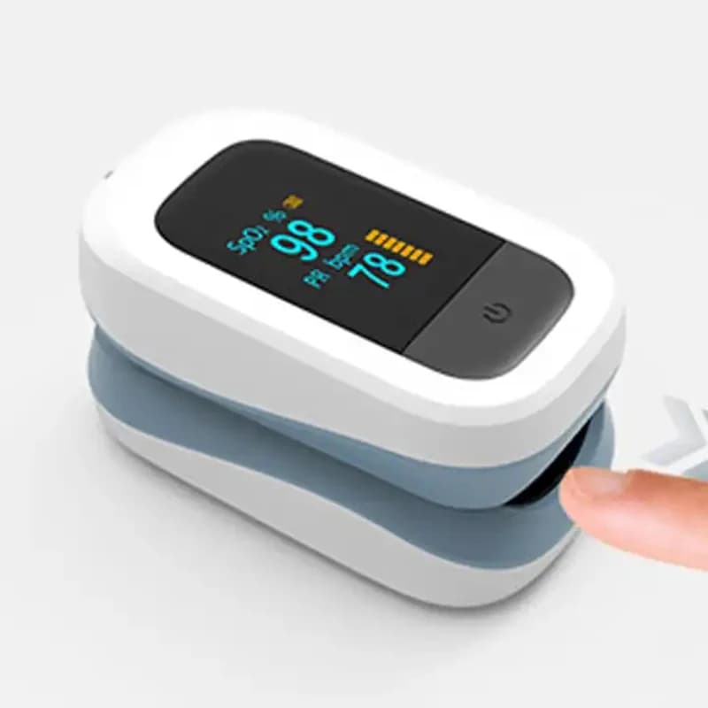Fingertip pulse oximeter, a medical monitor for quickly measuring blood oxygen saturation.