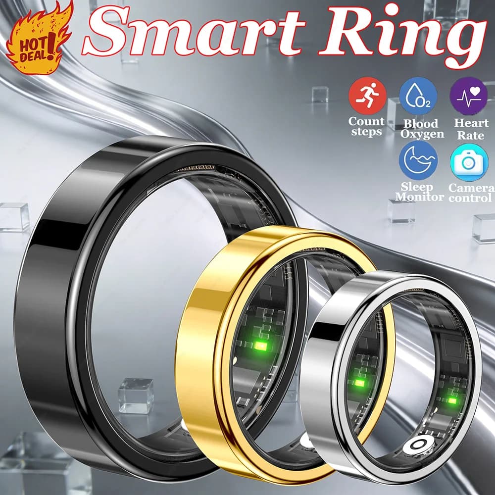 Anello Intelligente per Uomo e Donna con Custodia di Ricarica, Monitoraggio Frequenza Cardiaca e Ossigeno nel Sangue, Impermeabile 5ATM, Anelli Multisport per Android iOS