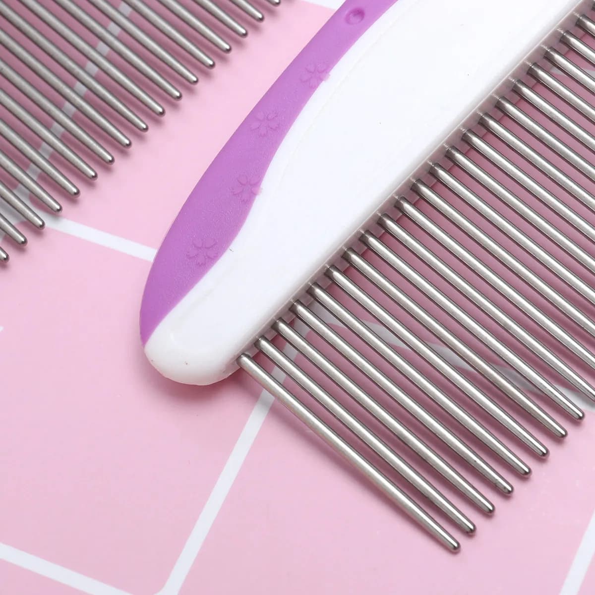 2 PCS Stainless Steel Pet Grooming Combs Set Single Row round Head Flea Comb with Nonslip Grip Size S And L Purple