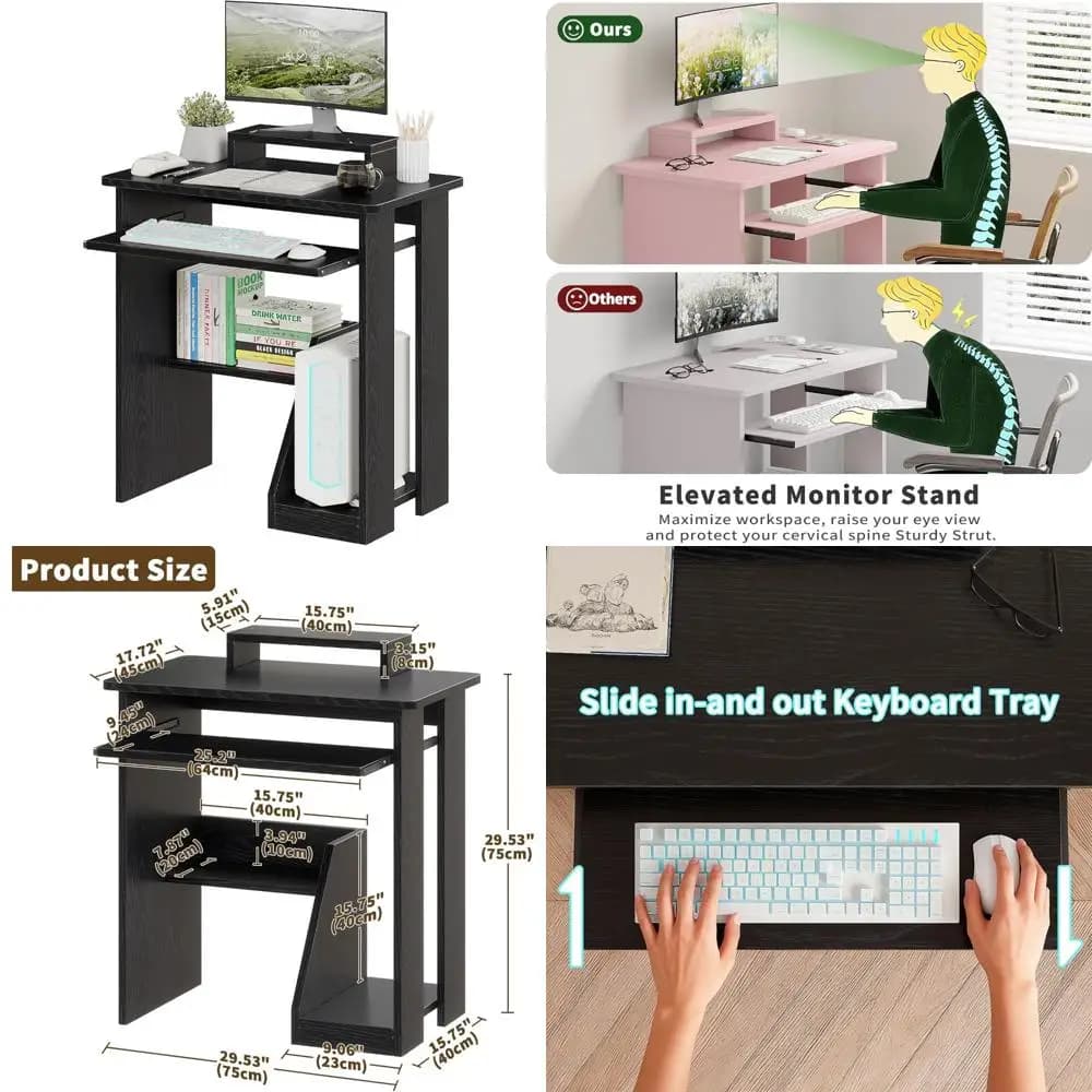 29.5 inch compact desk with keyboard and storage tray, modern studio desk for monitor and workstation support