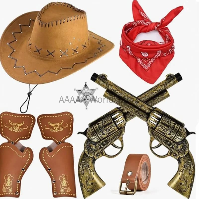 Accessori per costumi da cowboy Cappello da cowboy Bandanna Pistole giocattolo con fondine per cintura Set da cowboy per vestire la festa di Halloween Set da sei pezzi
