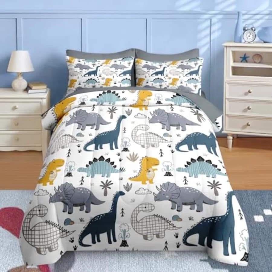 Set di 5 Pezzi Copripiumino con Motivo Dinosauro per Ragazzi, Set Biancheria da Letto Blu Giallo Grigio con Federe e Cuscini per Camera da Letto