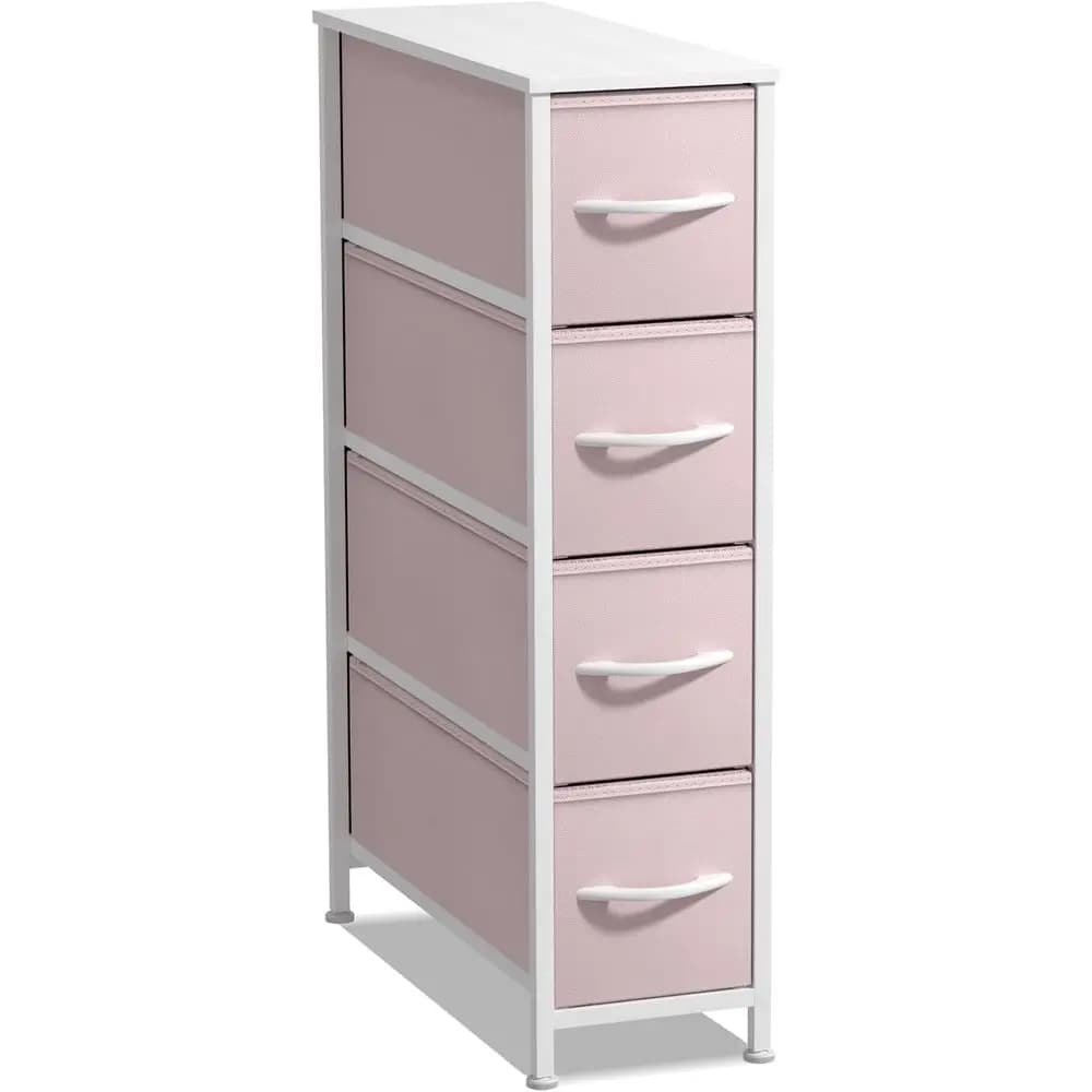 Cassettiera Compatta a 4 Cassetti con Maniglie in Acciaio, Piano in Legno e Contenitori in Tessuto per Piccoli Spazi, Ideale per Armadi e Camere da Letto