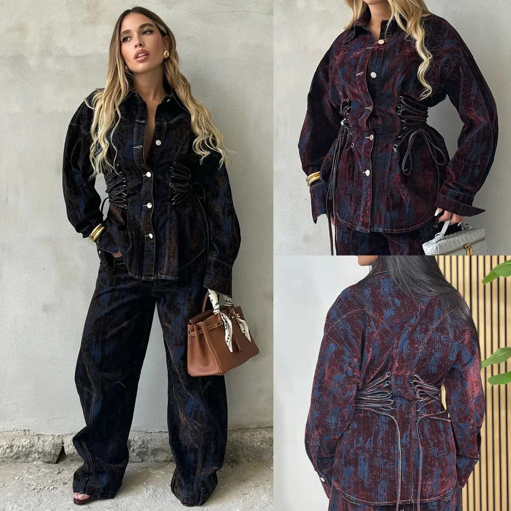 Set Denim da Donna 2 Pezzi: Giacca in Denim Floccato con Blocchi di Colore e Coulisse, Pantaloni a Gamba Larga Eleganti, Moda Primavera Autunno
