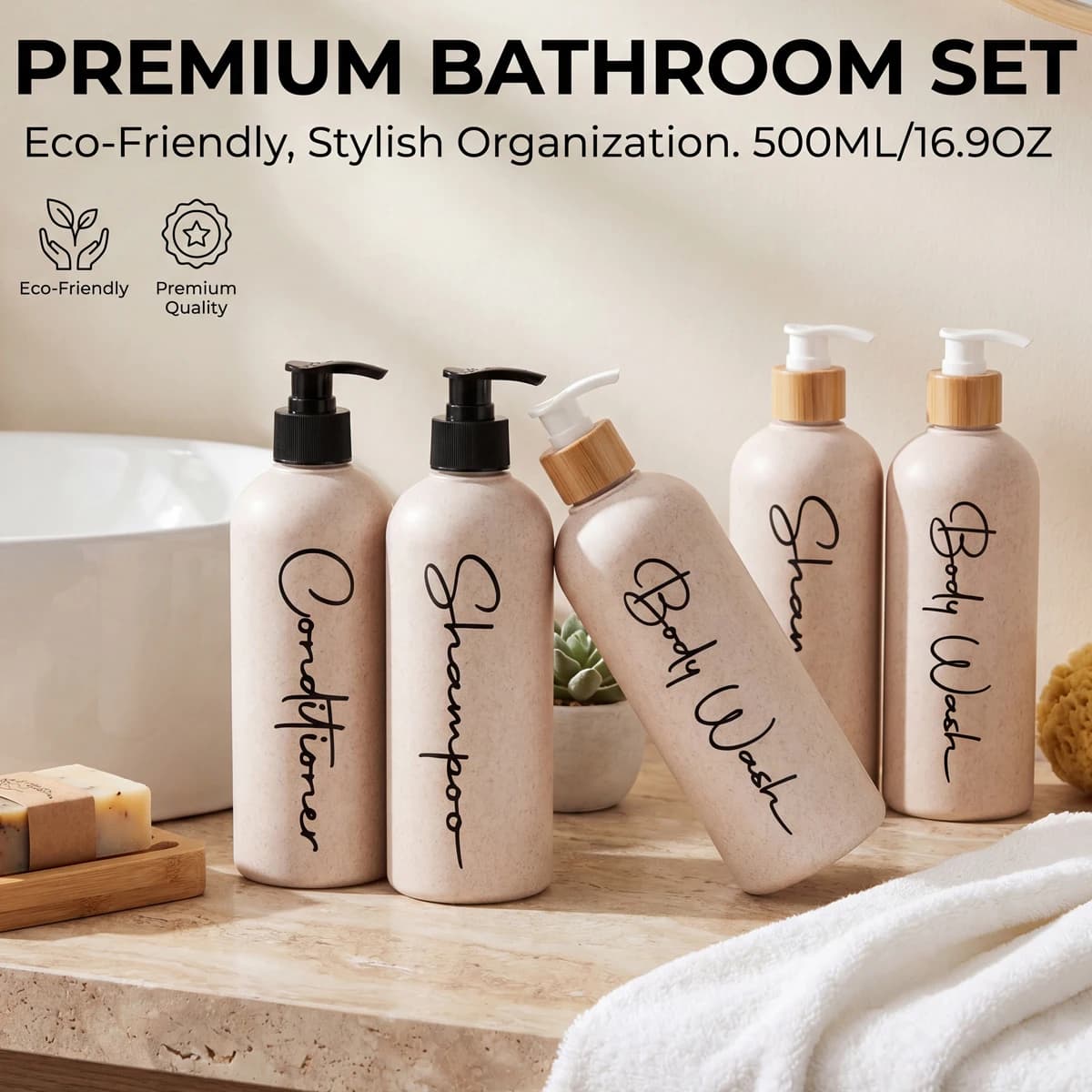 Bathroom Accessory Set, 3PCS Refillable Shampoo Soap Pump Bottles, Wheat Straw Farmhouse Bathroom Bottles for Home Decor