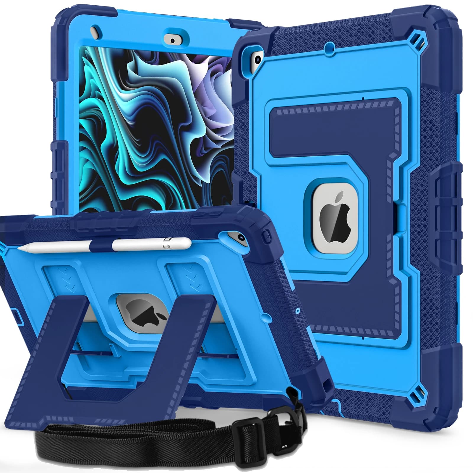 Custodia robusta e resistente per iPad 7a 8a 9a generazione Custodia durevole antiurto con display da 10,2 pollici con supporto per penna con tracolla e cavalletto