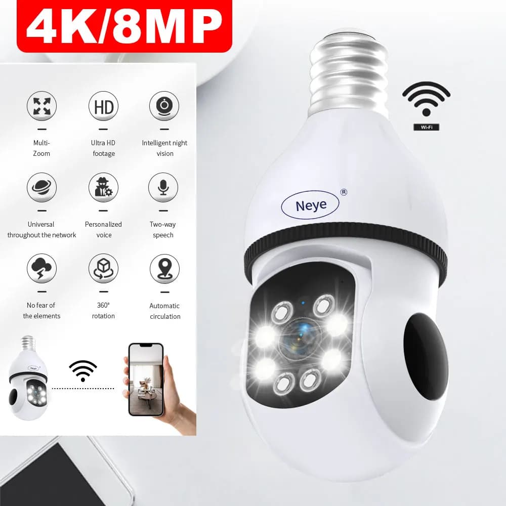 WiFi Smart Home Lampadina Telecamera 8MP 4K Home Indoor Baby Monitor Telecamera di rete PTZ Monitoraggio automatico AI Supporta audio