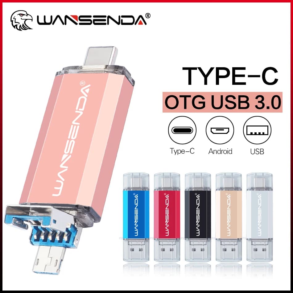 Pendrive USB OTG WANSENDA 3 in 1 USB 3.0, Type-C e Micro USB da 512GB, 256GB, 128GB, 64GB, 32GB