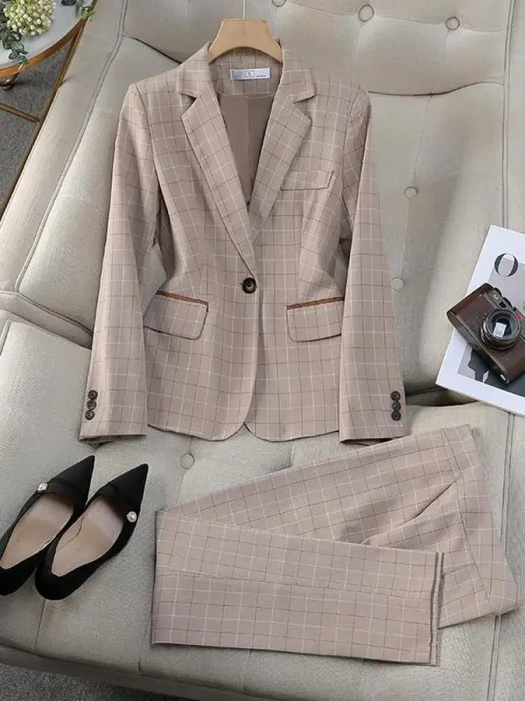 Women's Suit Business Clothing 2025 Spring Autumn New Retro Plaid Elegant Blazer Coat And High Waist Wide Leg Pant Two Piece Set