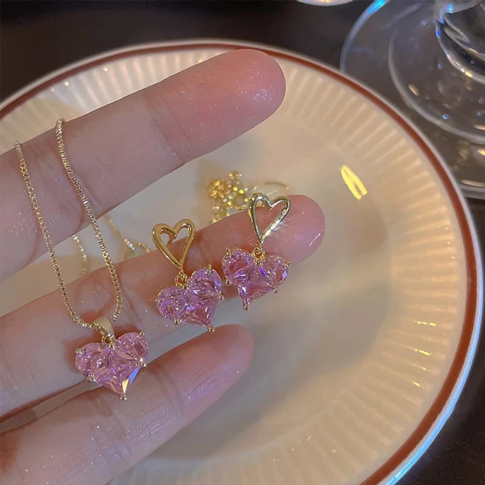 3pcs Trendy Y2k Heart-shaped Zircon Pink Crystal Pendant Earrings Necklaces Set for Women Heart Elegant Exquisite Party Jewelr