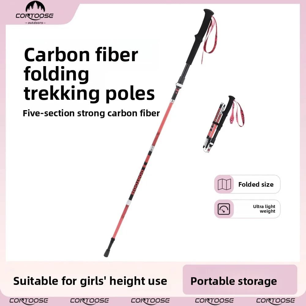 Carbon Fiber Folding Trekking Pole Single Pack Lightweight Hiking Stick 5 Section Portable EVA Handle Outdoor Camping Gear