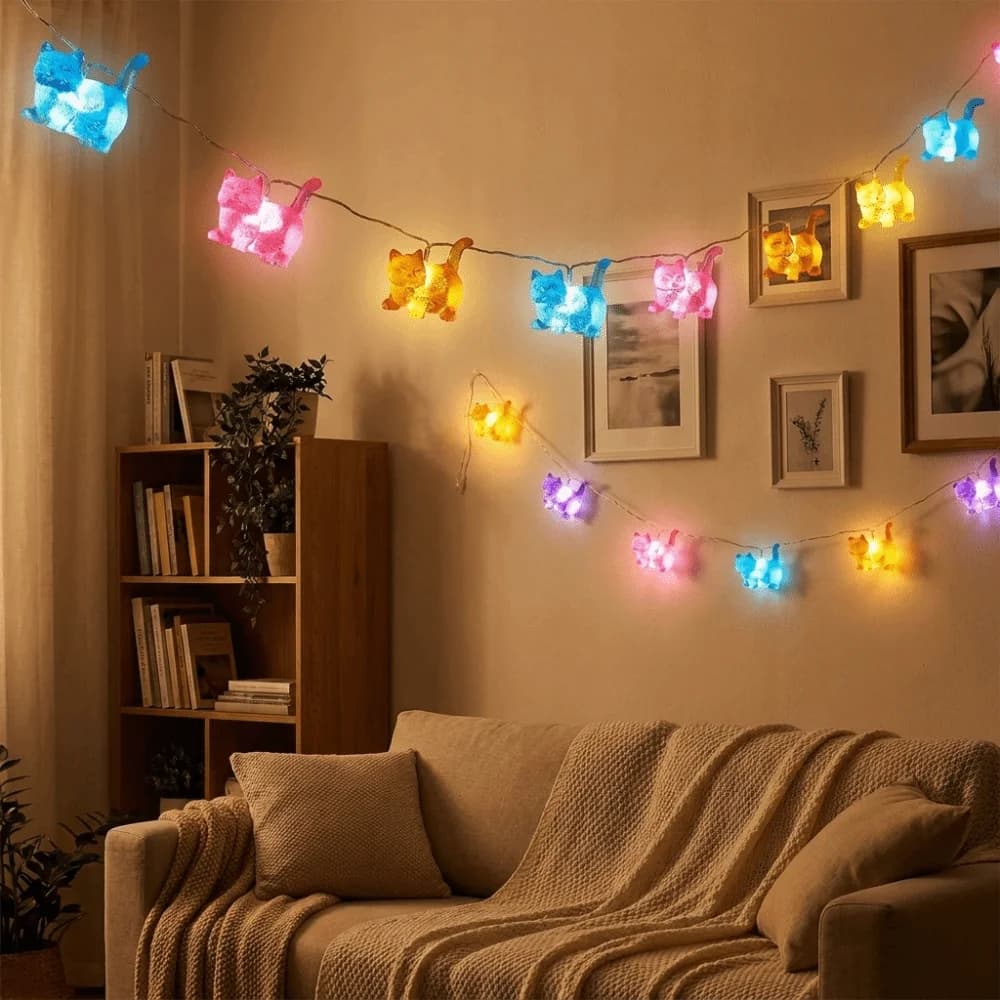 10/20pcs Lights Cat Shaped String Lights Cute Battery Operated Kitten Decorative Light Cartoon Party String Lights Halloween