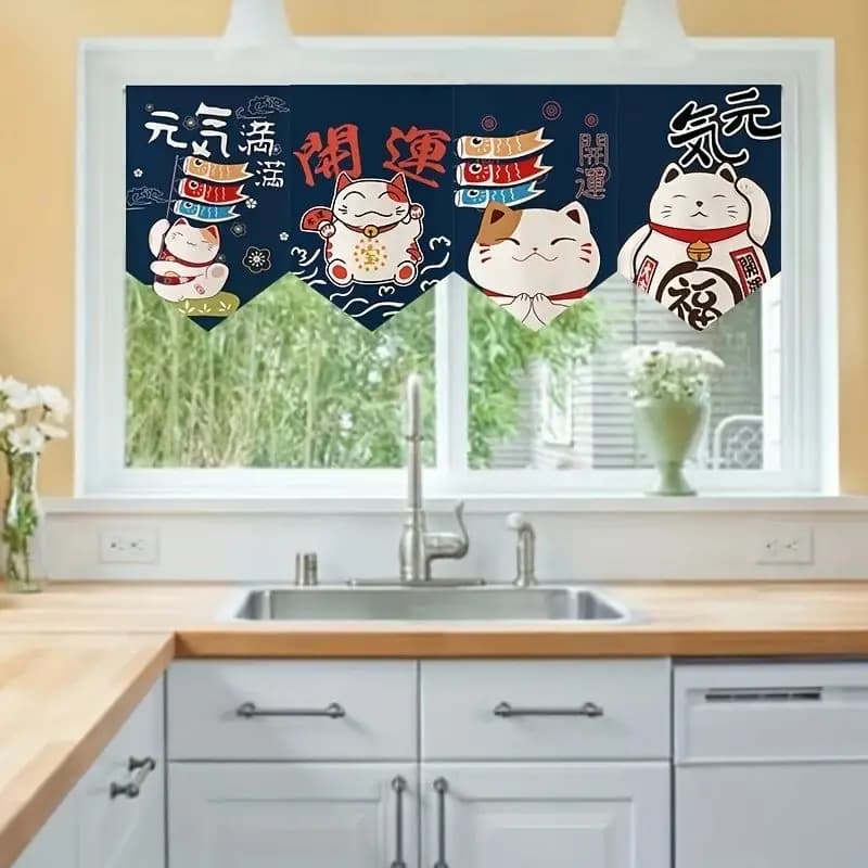 VIKAMA Japanese Lucky Cat Noren Door Curtain Maneki Neko Partition for Kitchen Restaurant Entryway