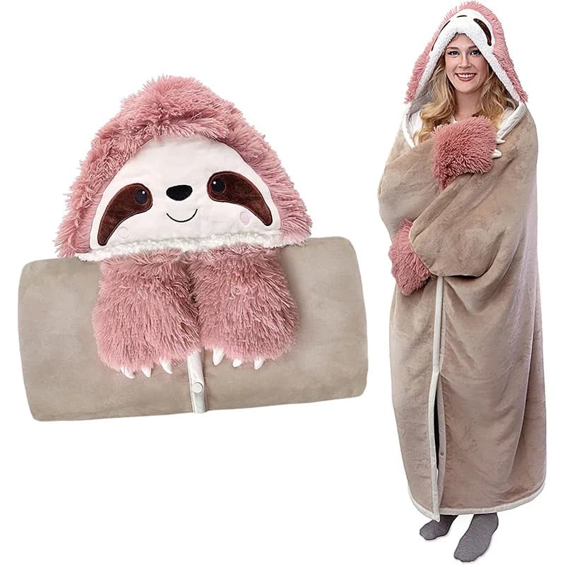 Wearable Cartoon Blanket Wear Hooded Sweater With Gloves Lamb Velvet Sleeping Bag Warm Pajamas Home Throw For Party Flamingo