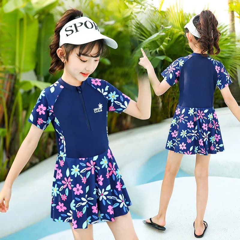 Animated cartoon cute swimsuit for teenage girls, small training costumes for floral elastic children, new full swimsuits for children