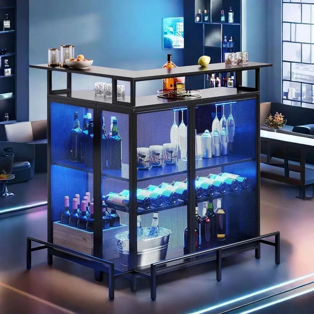 Mobile Bar a L con Controllo LED, Espositore per Liquori a 4 Livelli con Portabottiglie, Contenitore e Portabicchieri, Mini Caffetteria Angolare Nera
