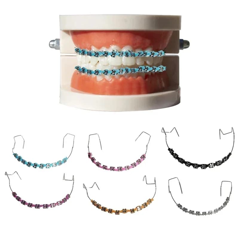 1 paio di bretelle alla moda, decorazioni temporanee colorate per denti con fili metallici, staffa metallica, legature ortodontiche di alta qualità