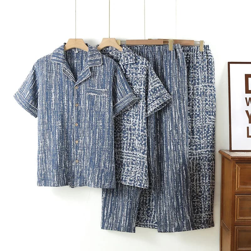 Simple Summer Cotton Double-layer Gauze Men's Pajamas Thin Short-sleeved Trousers Loose Loungewear Loose Casual Home Wear