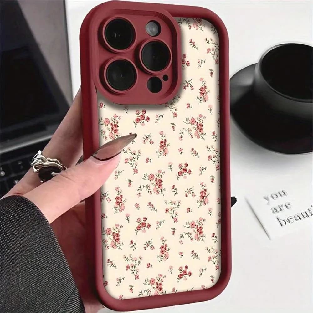 French Romantic Soft Red Floral Pattern Phone Case For Iphone Models 16/16Pro/16Promax/16Plus/15/15Plus/15Pro/15Promax, 14/14Plu