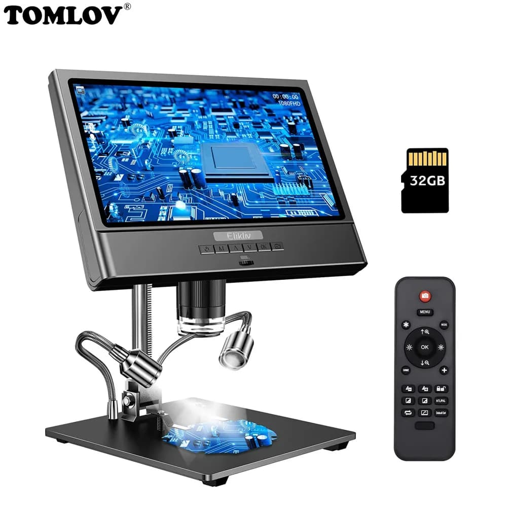 Tomov 10 ''Microscopio digitale 1300X Microscopio per saldatura con supporto in metallo 10 LED 12MP 32G 1080P Video Electronics microsscopio