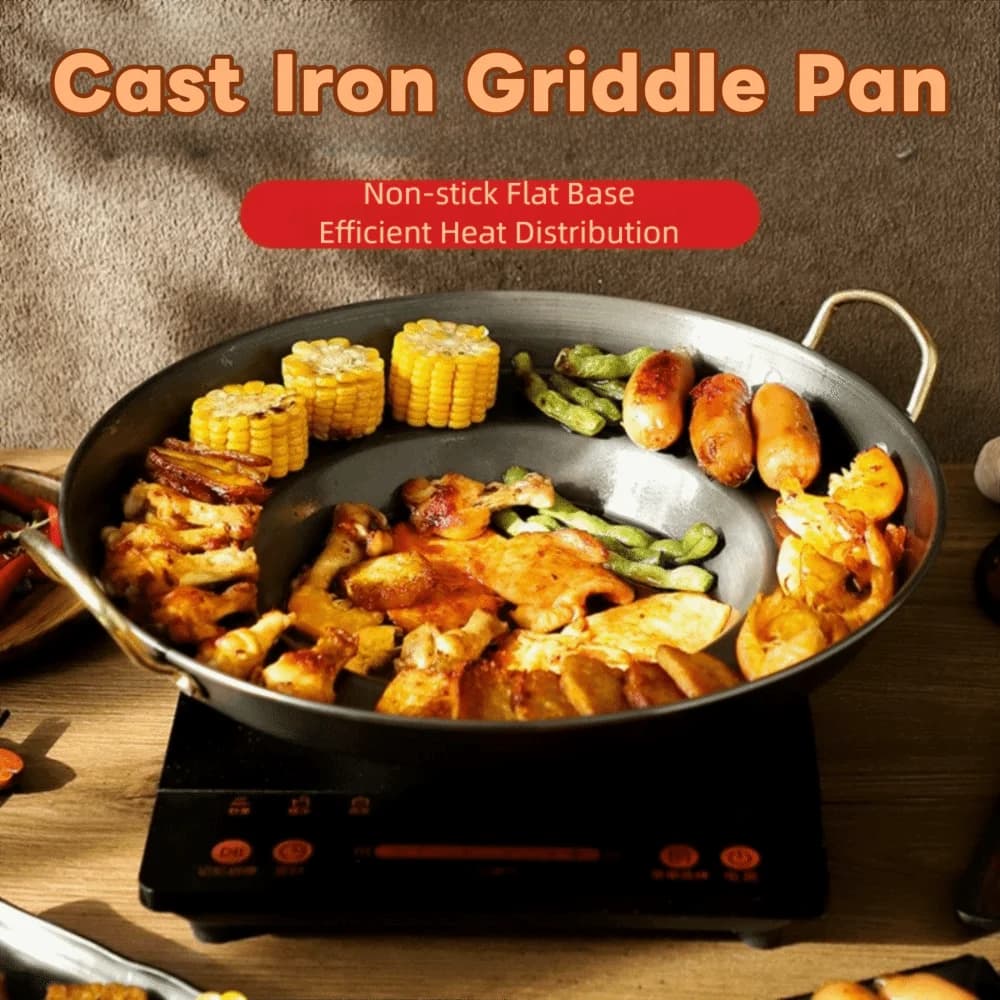 Nonstick Metal Frying Pan Efficient Heat Distribution Anti-scald Griddle Pan with Handle Round Concave Shape Flat Skillet
