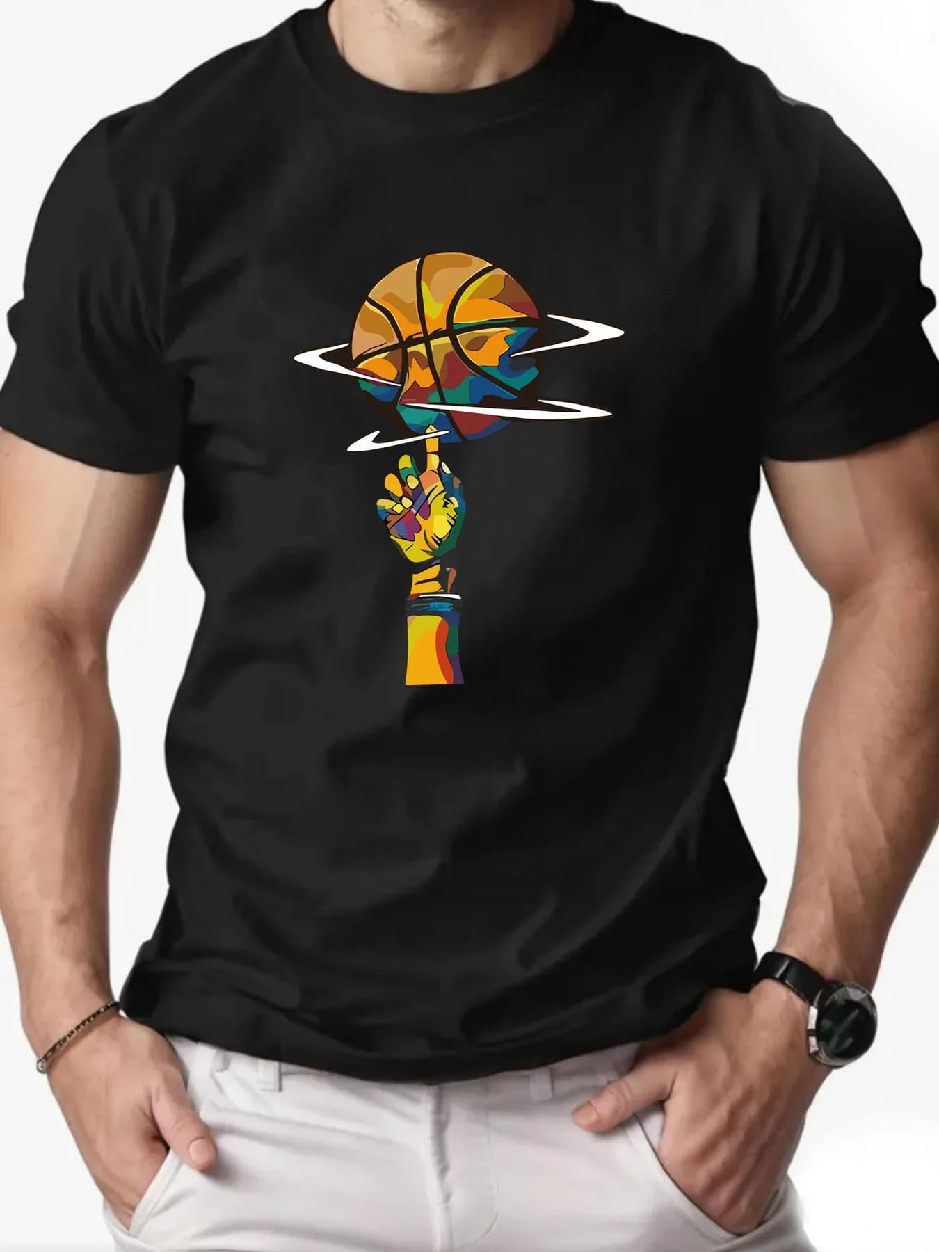 T-shirt corta casual estiva con motivo basket da uomo, girocollo