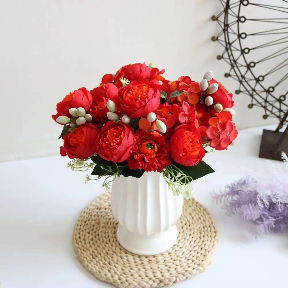 Silk Flower Artificial Flowers Bouquet Arrangement Garland Design Peony Bouquet Vase Included Fake Plants Wedding Decoration