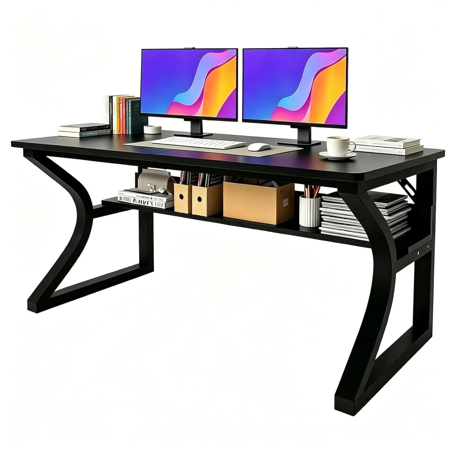 Scrivania per Computer 55x23.6 con Ripiani Portaoggetti e Gestione Cavi, per Ufficio Domestico, Studio, Camera da Letto, Struttura in Metallo, Personalizzabile