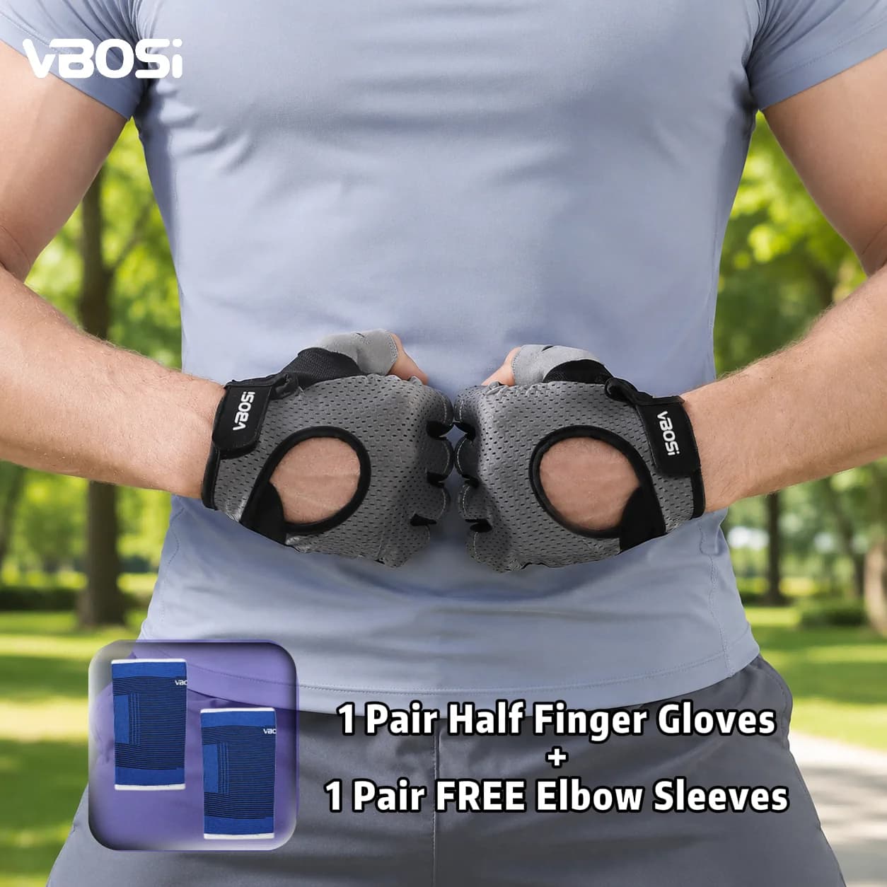 VBOSI 1 Pair Women Men Half Finger Workout Gloves with FREE Elbow Sleeves, Breathable Anti-Slip Fitness Gloves for Gym Training