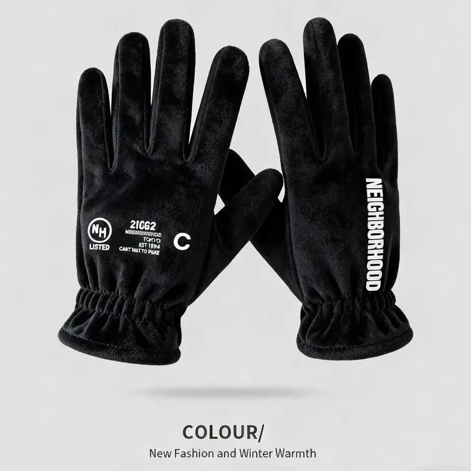 NEIGHBORHOOD NBHD Suede-Like Fleece Lined Men Riding Gloves, Windproof Warm Touch-Screen Winter Cycling Gloves