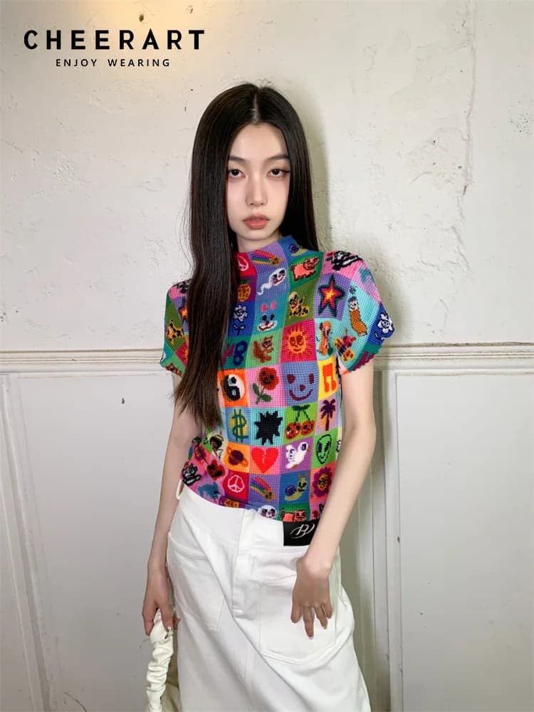 CHEERART High-Elastic Cyber Y2k Graphics T Shirt per le donne 2023 pieghettato Summer top Designer Fashion Tees Y2k Streetwear