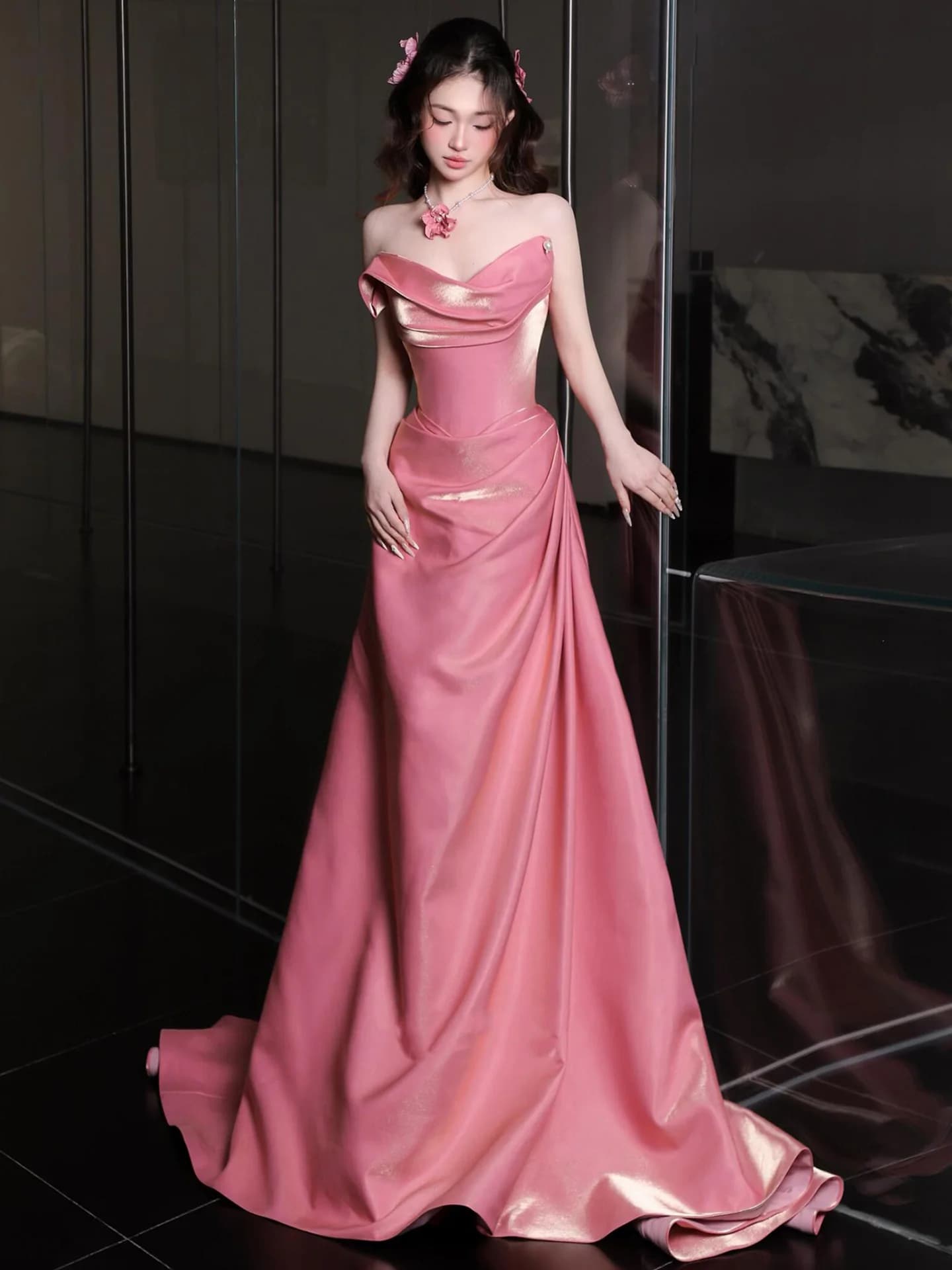 Pink Strapless Evening Gown Women's High-End Design Birthday Art Exam Long Dress Wedding Dress Engagement Party Drinking Dress