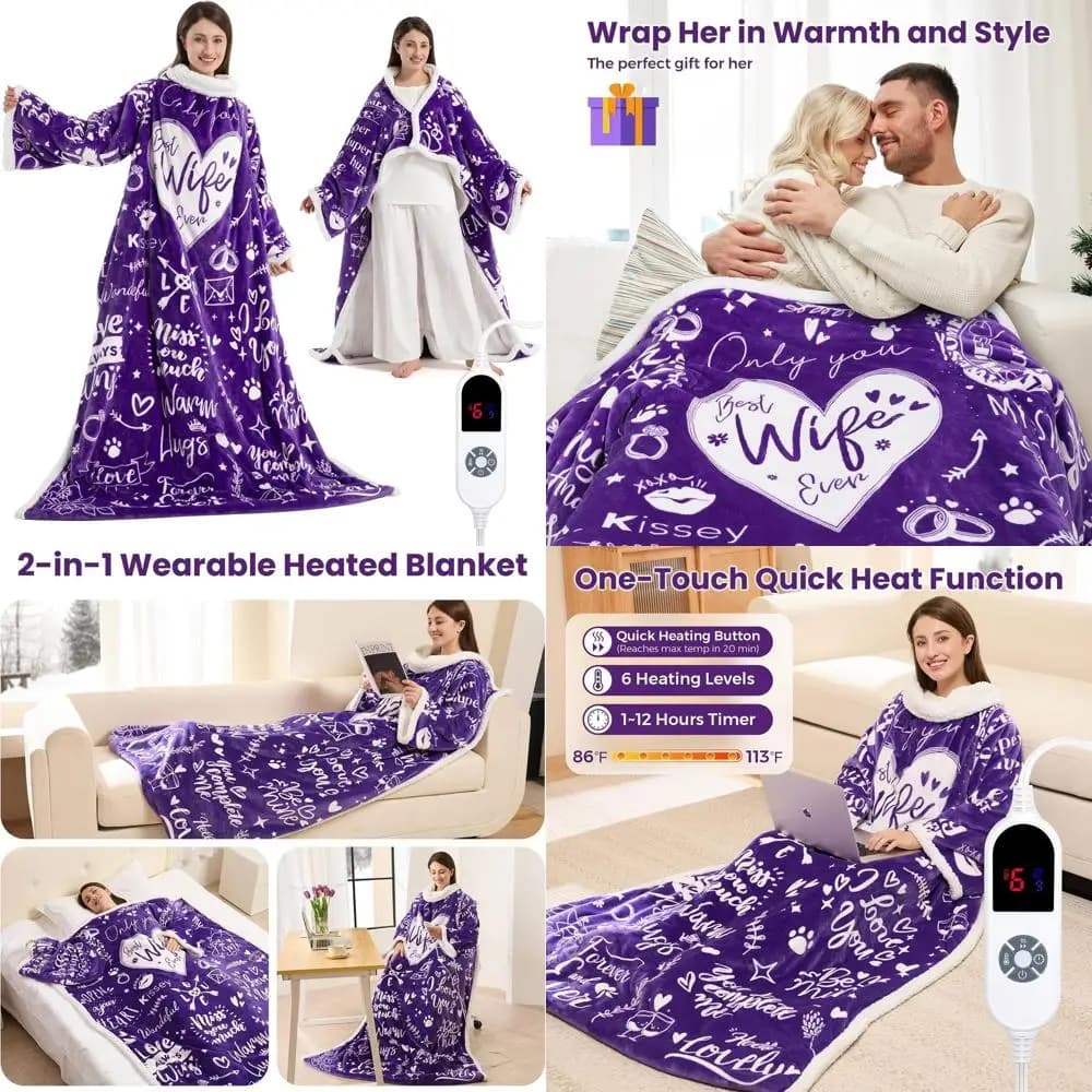 Coperta elettrica in peluche con maniche da donna, regalo perfetto per la moglie, lancio riscaldato a 3 impostazioni, vestaglia mamma viola con timer, ETL Ce