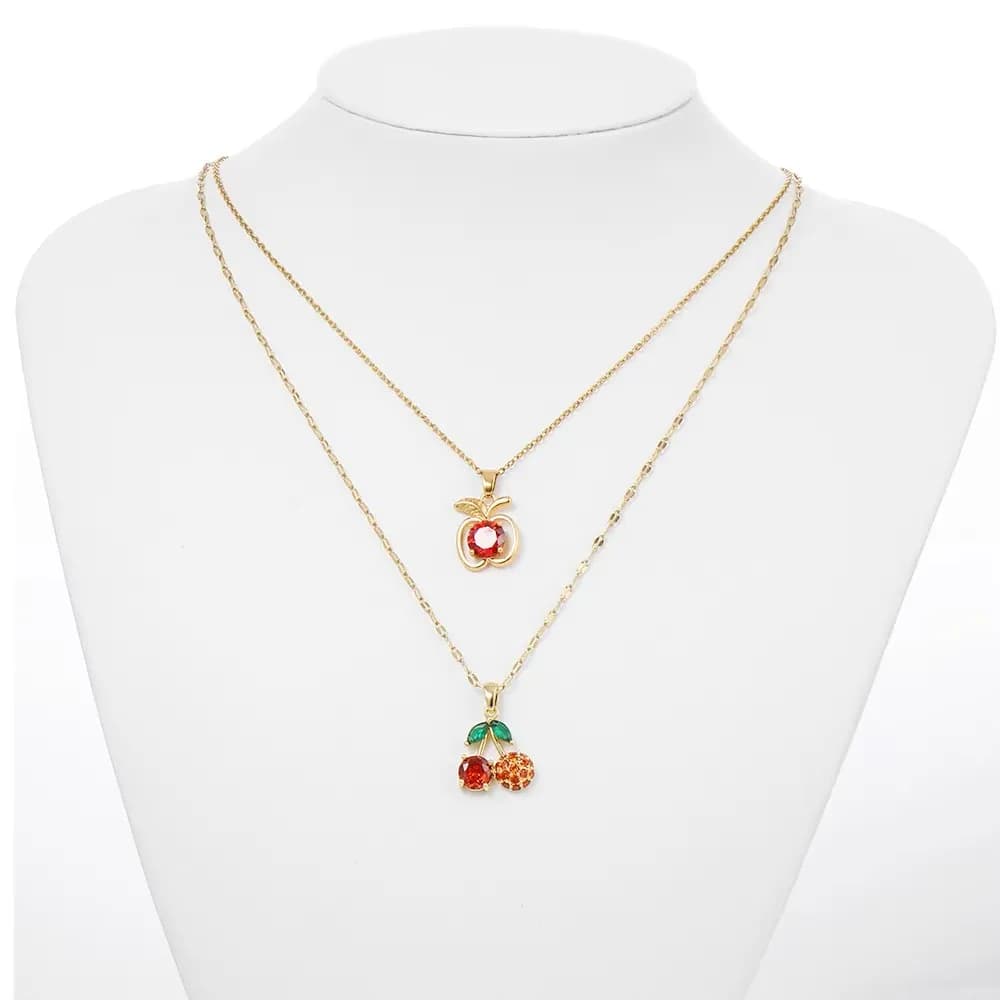 Colorful Zircon Cherry and Apple Pendant Necklaces for Women Girls Stainless Steel Trendy Romantic Jewelry Accessories Gifts