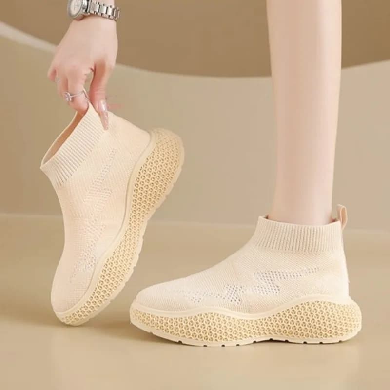 Women's Sock Sneakers Round Toe Knit Upper Slip on Thick Platform Sole Casual Athletic Everyday Footwear Lattice Texture Shoes