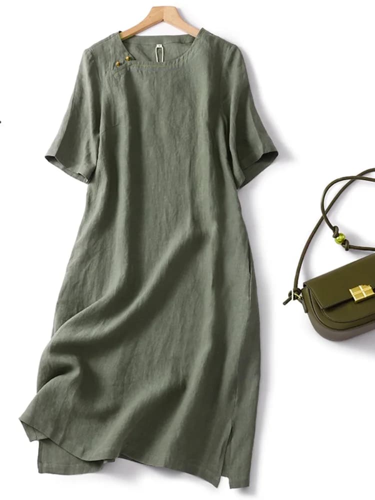 Elegant Pure Color Simple Cotton Linen Casual round Neck Short Sleeve Dress Summer Commute Casual Mom Dress A-Line Skirt
