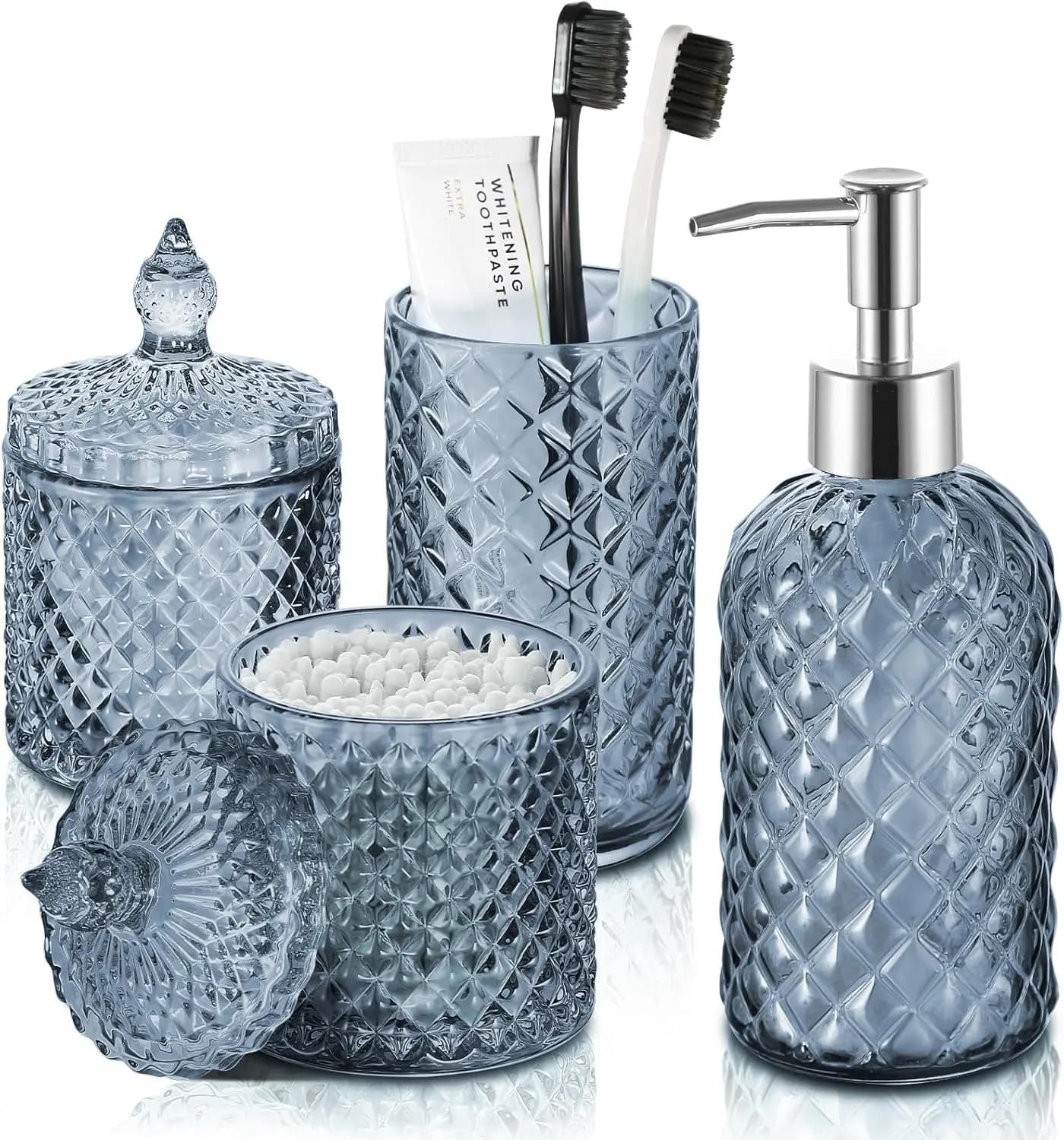 Set da Bagno in Vetro Blu con Motivo a Diamante in 4 Pezzi: Dispenser Sapone, Porta Spazzolini, Contenitori per Q-Tip e Cotone