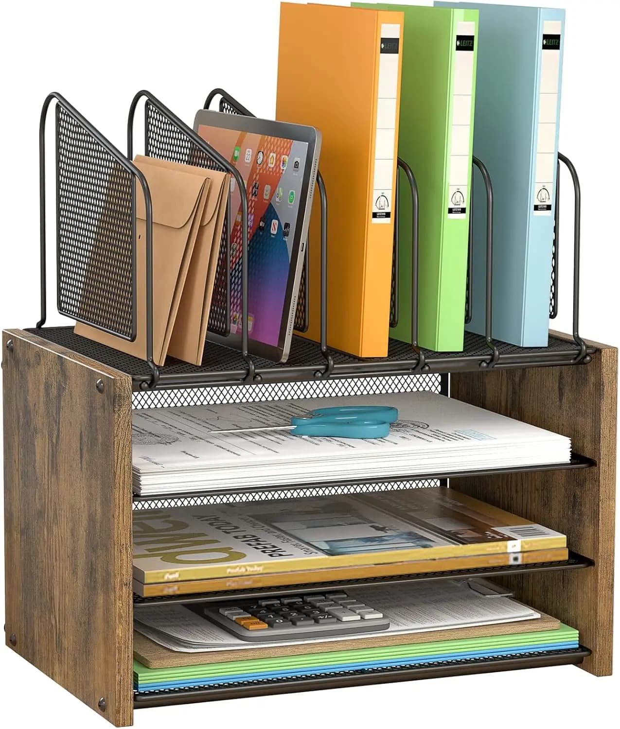 Organizzatore da scrivania a 4 livelli, organizer per documenti con 5 supporti verticali, organizer da ufficio con 3 livelli per carta L