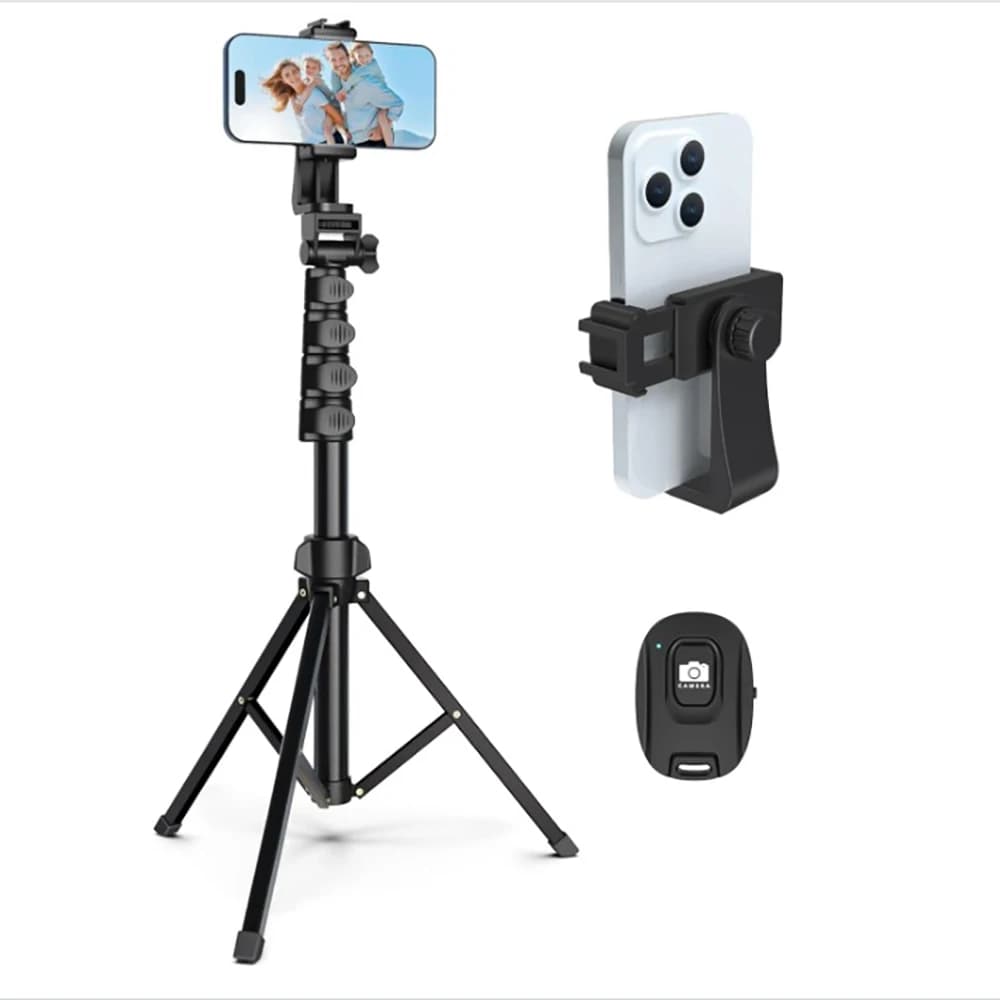 Treppiede per telefono e fotocamera da 64 pollici con telecomando e supporto per telefono, treppiede per selfie stick multi-angolo regolabile in altezza robusto e stabile